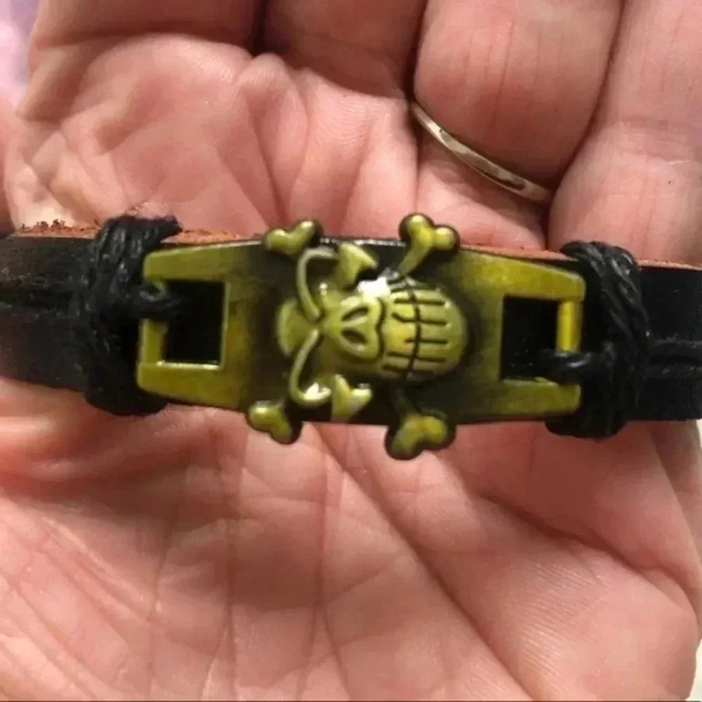 Bronze Skull Crossbones Leather & Hemp Adjustable Bracelet C NWT